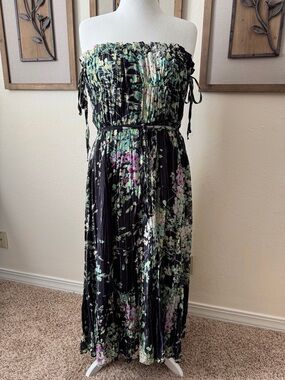 Sabina Musayev Med Black Strapless Floral Maxi Dress with Green and Pink Accents